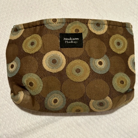Madison Handbags, small zippered bag, brown and tan print. - Picture 1 of 4
